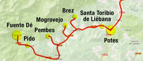 Map of Potes to Fuente Dé in the Picos de Europa, Spain