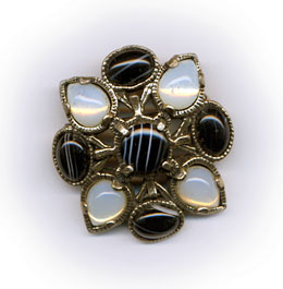 antique Scots 'pebble' pin with black agate & moonstone set in silver
